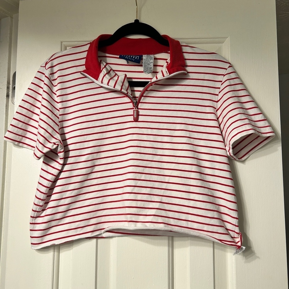 90’s Vintage Liz Claiborne Lizsport Cropped Red and White Striped Polo